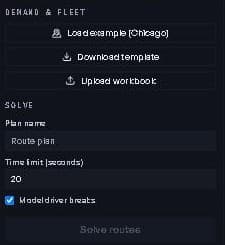 Demand & fleet and Solve panels: Chicago example, template, workbook upload, time limit